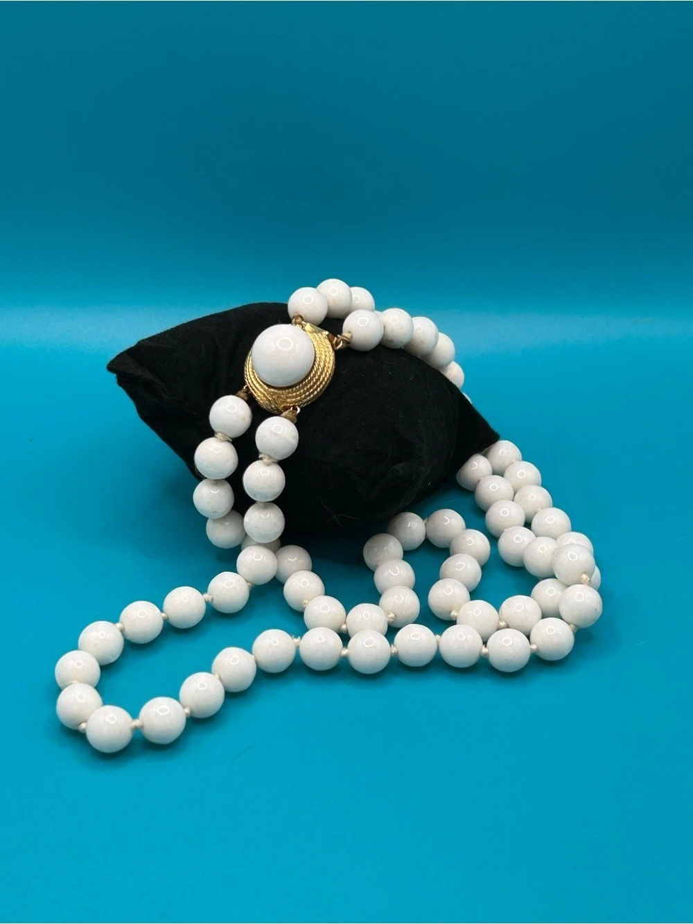 Ciner Vintage Multi-Strand White Bead Necklace with Ornate Gold-Tone Clasp